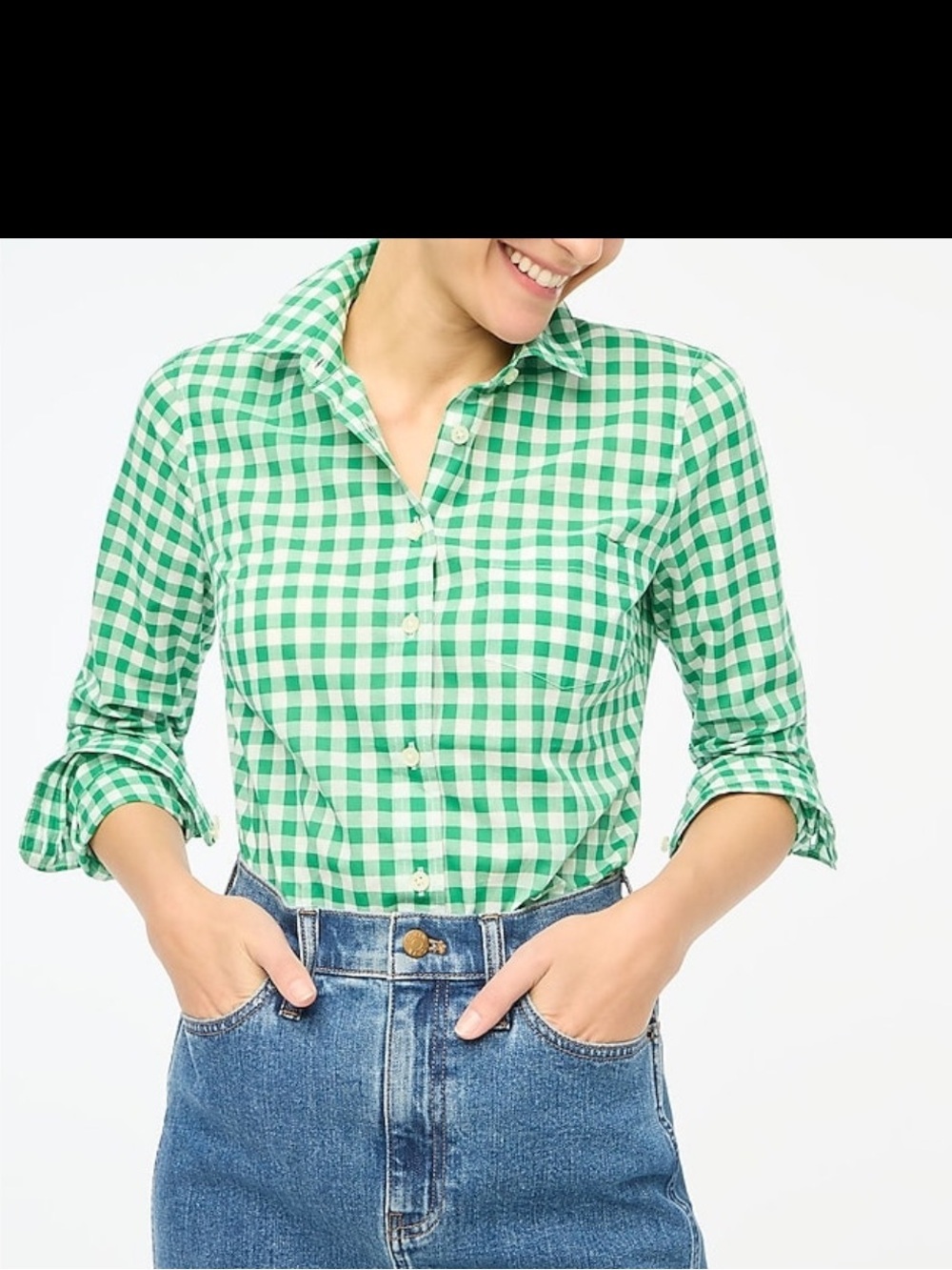 J. Crew Gingham Lightweight Cotton Button Down Shirt Green & White Small